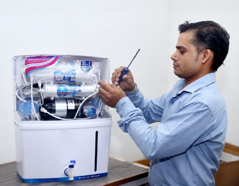 RO technician explaining service to a customer in her kitchen